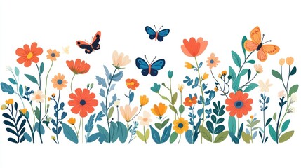 Colorful floral border with butterflies, ideal for backgrounds or patterns