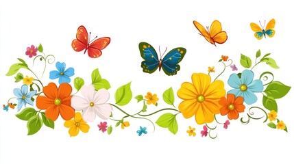 Obraz premium Colorful floral border with butterflies, spring design, decorative background, digital art, print, card, poster, web banner