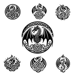 7 dragon logo designs, celtic styled one color, low point count
