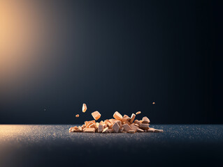 Closeup view of crushed stone fragments on surface with dramatic lighting and soft shadows in a dark background