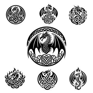 7 dragon logo designs, celtic styled one color, low point count