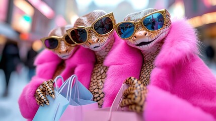 An eye-catching image of three snake-inspired women dressed in luxurious pink fur coats and stylish sunglasses, carrying shopping bags, set against a snowy city backdrop.