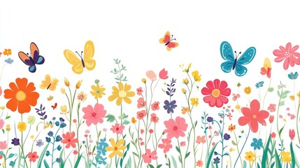 Colorful wildflowers and butterflies, meadow, spring, nature, banner design