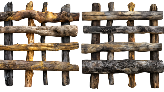 Wooden Fence Panel Rustic Weathered Texture, Natural Brown and Gray for Design Themes, isolated on transparent background.
