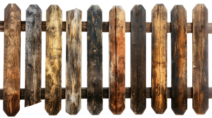 Weathered Wooden Fence Rustic Texture, Aged Brown and Gray for Background Design, isolated on transparent background.