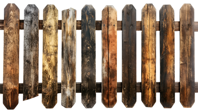 Weathered Wooden Fence Rustic Texture, Aged Brown and Gray for Background Design, isolated on transparent background.