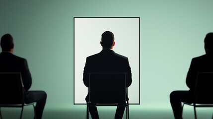 Fototapeta premium Three business professionals seated in chairs facing a blank screen representing ideation and team collaboration