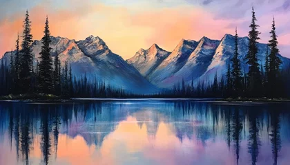 Fototapete Wald im Nebel Tranquil Lake Reflections, Majestic Mountain Landscape, Serene Sunset, Vibrant Purple and Gold  © Ilja