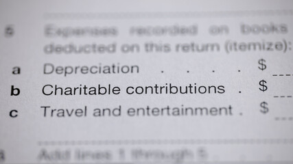 Tax form focusing on expense deductions, including charitable contributions and travel. Itemizing...