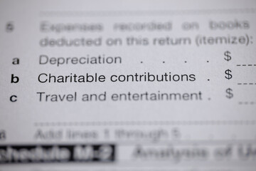 Tax form showing potential deductions, including charitable contributions and travel and...