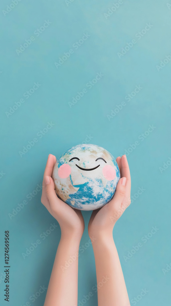 Poster hands holding a small globe with a smiling face painted on it, promoting environmental awareness and