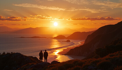 Romantic sunset view of a couple silhouetted against vibrant orange skies and tranquil ocean waves, copy space