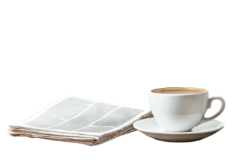 A serene morning moment with coffee and a newspaper on a wooden table in soft light isolated on transparent background