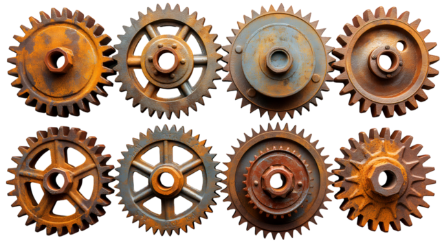 Vintage Metal Gears Rusty Cogwheels, Brown and Orange for Retro Industrial Decor, isolated on transparent background.