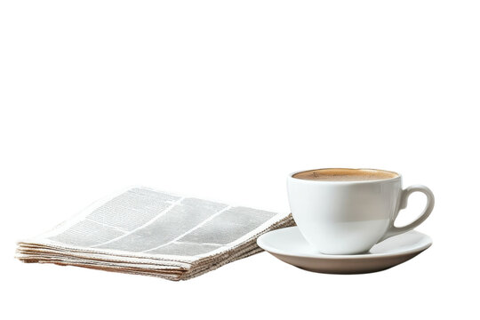 A serene morning moment with coffee and a newspaper on a wooden table in soft light isolated on transparent background - Powered by Adobe