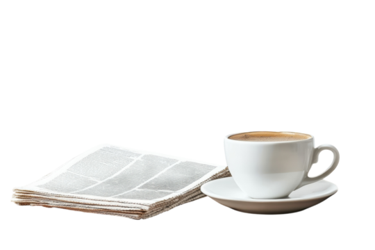 A serene morning moment with coffee and a newspaper on a wooden table in soft light isolated on transparent background
