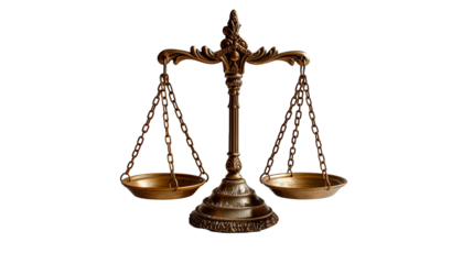 Antique Brass Scales Justice Symbol, Legal Balance for Court and Trial Themes, isolated on transparent background.
