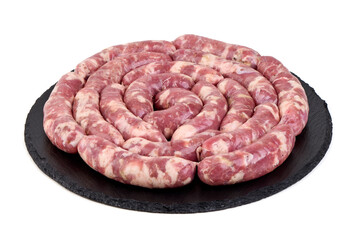 Pork fillet tenderloin, raw meat, close-up, isolated on white background.