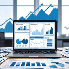 A modern laptop displays financial charts, graphs, and analytics, surrounded by business reports. A bright, professional, and minimalistic scene conveys data analysis, business intelligence, and finan