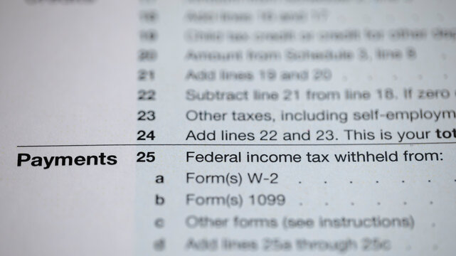 Detail of a document listing tax form payment information, including federal income tax withheld from W-2 and 1099 forms. Focus on financial information.