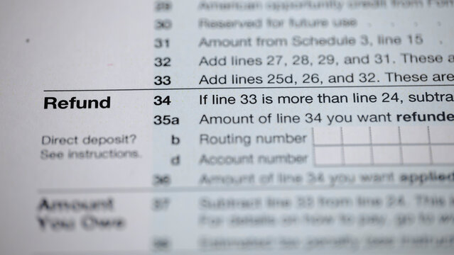 Tax form snippet showing refund section, with instructions for calculating and receiving tax refunds via direct deposit with routing and account number fields.