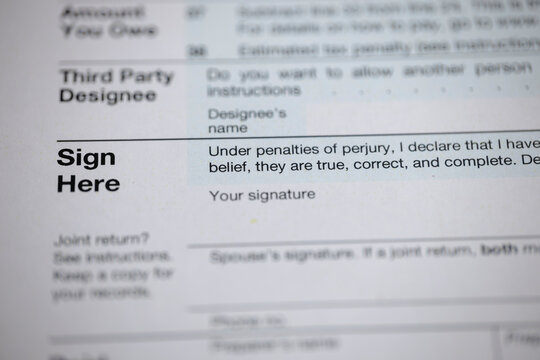 Tax form requiring a signature, under penalty of perjury to certify the document's accuracy and completeness.
