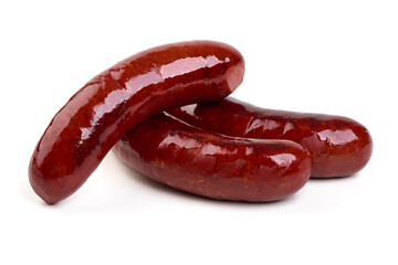 Grilled german bratwurst sausages, isolated on white background.