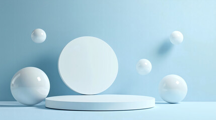 A minimalist white podium with floating spheres on a soft blue background, ideal for product display and branding