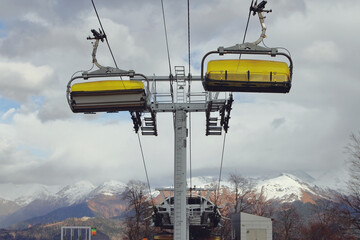 Non-working cable car in mountains. Rosa Khutor Resort, Sochi, Russia