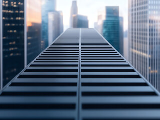 Captivating urban perspective featuring a modern architectural walkway leading into a city skyline at sunrise