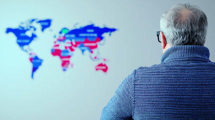 Older man observing colorful world map in thoughtful contemplation, representing global awareness and geography