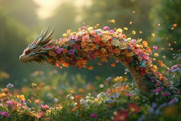 A graceful flower dragon, adorned with vibrant blossoms, emerges from a field of wildflowers, bathed in soft, golden light, creating a serene and magical scene.