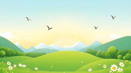 Serene Sunrise Over Rolling Green Hills And Daisies