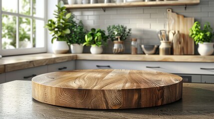 Clean kitchen interior with a round wood countertop, perfect for product montages or banners