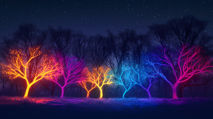 Fototapeta premium Illuminated trees at night, colorful led lights wrapped around bare branches. Dreamlike Electric Trees. Illustration
