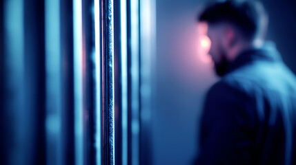 Obraz premium Mysterious atmosphere with shadows and reflections in a dimly lit environment featuring a silhouetted figure