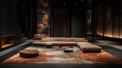 Fototapeta premium Modern Sectional Sofa Lounge with Fireplace and Abstract Art