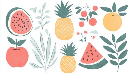 Colorful fruit and leaves illustration, flat design, healthy food