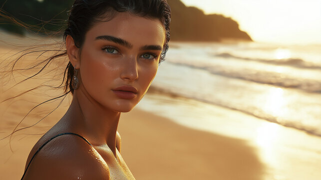 Portr&auml;t einer jungen Frau mit markanten Gesichtsz&uuml;gen am Strand im goldenen Abendlicht. Der intensive Blick und die nat&uuml;rliche Sch&ouml;nheit erzeugen eine starke Bildwirkung