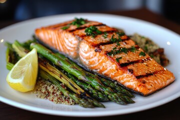 Delicious grilled salmon with asparagus and quinoa, garnished with herbs and served with a lemon wedge on a white plate, a gourmet seafood meal.