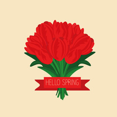Spring bouquet of red tulips with ribbon and inscription hello spring. Illustration of spring flowers