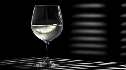 Obraz premium Clear glass of water with lime slice reflected in light and shadow pattern on dark surface