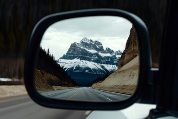 Stunning reflection of mountains in the side mirror of a car, capturing the essence of adventure and freedom on a road trip