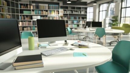 Fototapeta premium Modern library workspace; computers, books, sunlight