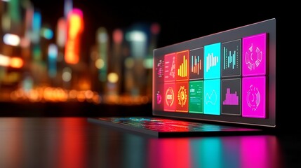 corporate result board with futuristic overlays and neon figures