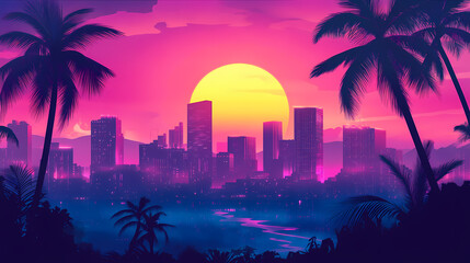 Vaporwave cityscape with neon lights and palm trees under pink sunset copy space. Dreamlike Electric Trees. Illustration