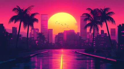 Vaporwave cityscape with neon lights and palm trees under pink sunset copy space. Dreamlike Electric Trees. Illustration