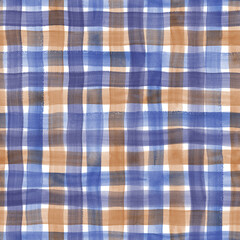 Watercolor stripe gingham seamless pattern. Purple and orange color striped background