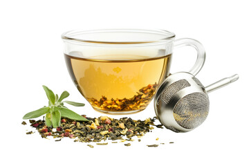 A warm cup of herbal tea brewed with aromatic leaves on a clean white background isolated on transparent background