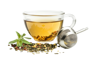 A warm cup of herbal tea brewed with aromatic leaves on a clean white background isolated on transparent background